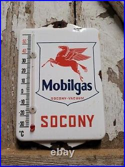 Vintage Mobil Porcelain Sign Metal Thermometer Oil Gas Station Peggy Pegasus Car