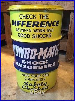 Vintage Monro-Matic Shock Absorbers Advertisement Tin Garage Barrel Oil Mechanic