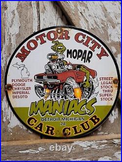 Vintage Motor City Car Club Porcelain Sign 1974 Mopar Detroit Michigan Maniacs