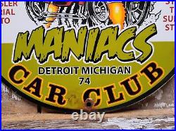 Vintage Motor City Car Club Porcelain Sign 1974 Mopar Detroit Michigan Maniacs