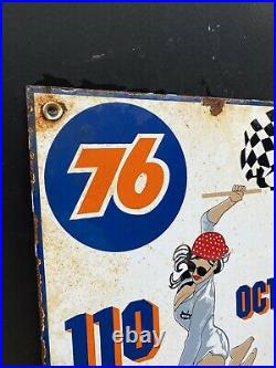 Vintage NASCAR Union 76 Gasoline Porcelain Metal Gas Oil Race Car Auto Girl Sign