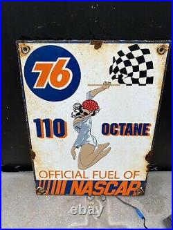 Vintage NASCAR Union 76 Gasoline Porcelain Metal Gas Oil Race Car Auto Girl Sign