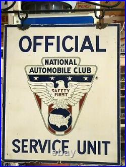 Vintage NATIONAL AUTOMOBILE CLUB SERVICE UNIT Sign w HANGER Gas Oil PORCELAIN