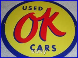 Vintage Nos Chevrolet Ok Used Cars 11 3/4 Porcelain Metal Gasoline & Oil Sign