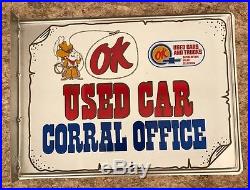 Vintage OK Used Car Corral Metal Flange Sign Not Porcelain Gas Oil Ford Chevy