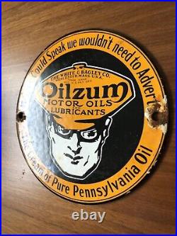 Vintage Oilzum Gasoline Porcelain Gas Enamel Service Oil Station Pump Auto Sign