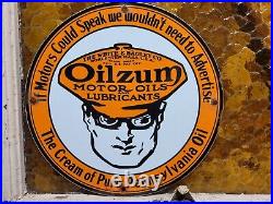 Vintage Oilzum Porcelain Sign Old Automobile Car Motorcycle Truck Engine Oil USA