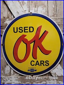 Vintage Ok Used Cars Porcelain Sign 30 Automobile Dealer Lot Gas Oil Service