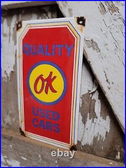 Vintage Ok Used Cars Porcelain Sign Automobile Dealer Sales Oil Gas Salesman 12