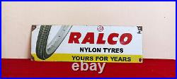 Vintage Old Advt Tin Enamel Porcelain Sign Board Ralco Nylon Tyres Automobile E4