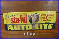 Vintage Original 1950s AUTO-LITE Ford Sta-Ful Batteries Gas Oil 34 Metal Sign