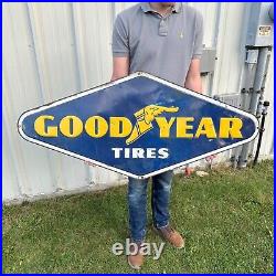 Vintage Original Blue GOODYEAR TIRES Tin Embossed Sign 48 Diamond Gas Auto