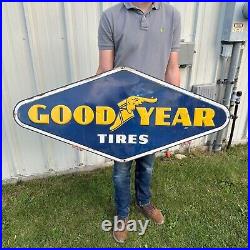 Vintage Original Blue GOODYEAR TIRES Tin Embossed Sign 48 Diamond Gas Auto