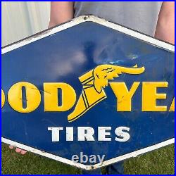 Vintage Original Blue GOODYEAR TIRES Tin Embossed Sign 48 Diamond Gas Auto