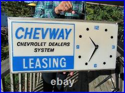 Vintage Original Chevrolet Dealers Lighted Sign / Clock Chevway Leasing Clock