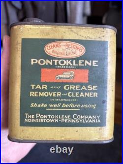 Vintage Original Early Auto Pontoklene Graphic Car Grease Cleaner Oil Can Tin