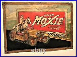 Vintage Original Early RARE Drink Moxie Metal Sign with Horse in Car