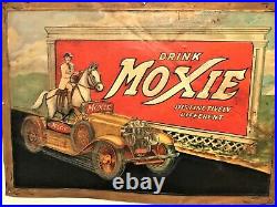 Vintage Original Early RARE Drink Moxie Metal Sign with Horse in Car