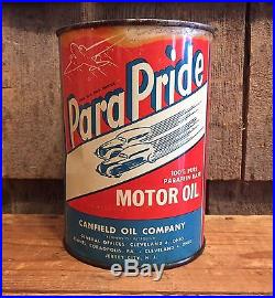 Vintage PARA PRIDE Motor Oil Canfield Oil 1 Qt Can Car Plane Graphics LOOK