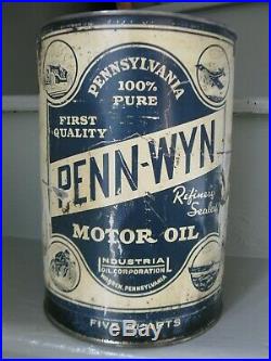 Vintage PENN-WYN oil can Rare OLD 5 Qt Tin Can Race Car Plane AMAZING GRAPHICS