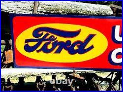 Vintage Painted Metal Ford USED CARS Truck Gas Oil 12x36 Car Auto Sales Sign