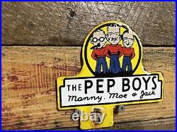 Vintage Pep Boys Porcelain Sign Automobile Parts Store Garage Topper Gas & Oil