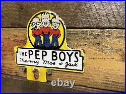 Vintage Pep Boys Porcelain Sign Automobile Parts Store Garage Topper Gas & Oil