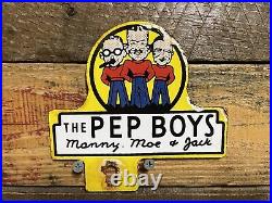 Vintage Pep Boys Porcelain Sign Automobile Parts Store Garage Topper Gas & Oil