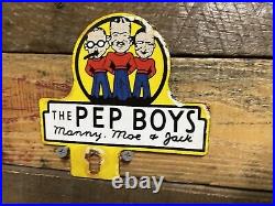 Vintage Pep Boys Porcelain Sign Automobile Parts Store Garage Topper Gas & Oil