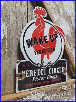 Vintage Perfect Circle Piston Rings Porcelain Sign Old Car Auto Parts Rooster