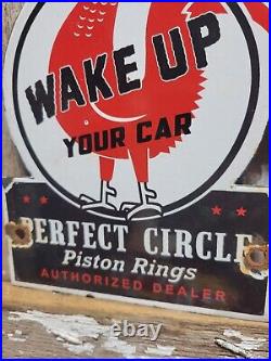 Vintage Perfect Circle Piston Rings Porcelain Sign Old Car Auto Parts Rooster