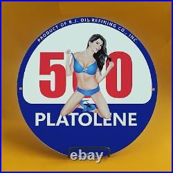 Vintage Platolene 50 Gasoline Porcelain Gas Service Station Auto Pump Plate Sign