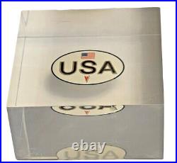 Vintage Pontiac USA Lucite Paperweight 2 5/8 American Flag and 1959-2002 Logo