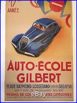 Vintage Poster Auto Ecole Gilbert French Stone Lithograph 1930's