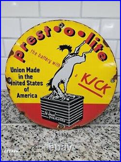 Vintage Presto-lite Porcelain Sign Car Battery Gas Oil Service Donkey Horse Powr