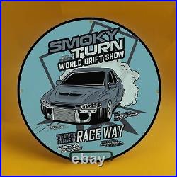 Vintage Race Smoky Turn Car Gasoline Porcelain Service Station Pump Plate Sign
