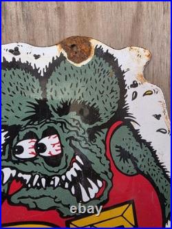 Vintage Rat Fink Porcelain Sign Hot Rod Gas Engine Race Car Auto Appx 10 X 9