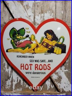 Vintage Ratfink Porcelain Sign 30 Old 1962 Hot Rod Racing Car Heart Brothel