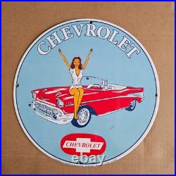 Vintage Red Car Chevrolet Old Us Gasoline Oil Gas Pump Enamel Porcelain Sign