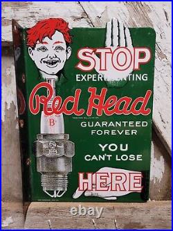 Vintage Red Head Porcelain Flange Sign Spark Plugs Auto Part Motor Lube Oil Gas