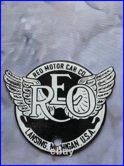 Vintage Reo Red Motor Car Co Porcelain Sign Landing MI 4×3