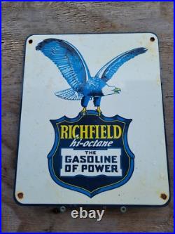 Vintage Richfield Porcelain Sign Hi-octane Power Gas Pump Plate Car Truck Eagle