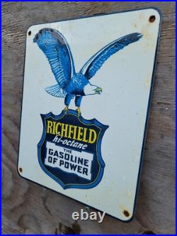 Vintage Richfield Porcelain Sign Hi-octane Power Gas Pump Plate Car Truck Eagle Vintage Richfield Porcelain Sign Hi-octane Power Gas Pump Plate Car Truck Eagle