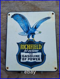 Vintage Richfield Porcelain Sign Hi-octane Power Gas Pump Plate Car Truck Eagle
