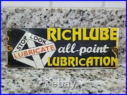 Vintage Richlube Porcelain Sign Gas Motor Oil Repair Service Garage Automobile