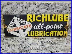 Vintage Richlube Porcelain Sign Gas Motor Oil Repair Service Garage Automobile
