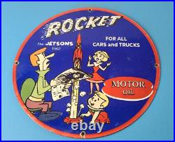 Vintage Rocket Gasoline Sign Jetsons Auto Trucks Gas Pump Porcelain Sign