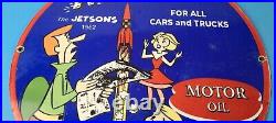 Vintage Rocket Gasoline Sign Jetsons Auto Trucks Gas Pump Porcelain Sign