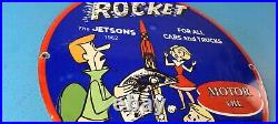 Vintage Rocket Gasoline Sign Jetsons Auto Trucks Gas Pump Porcelain Sign