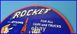 Vintage Rocket Gasoline Sign Jetsons Auto Trucks Gas Pump Porcelain Sign